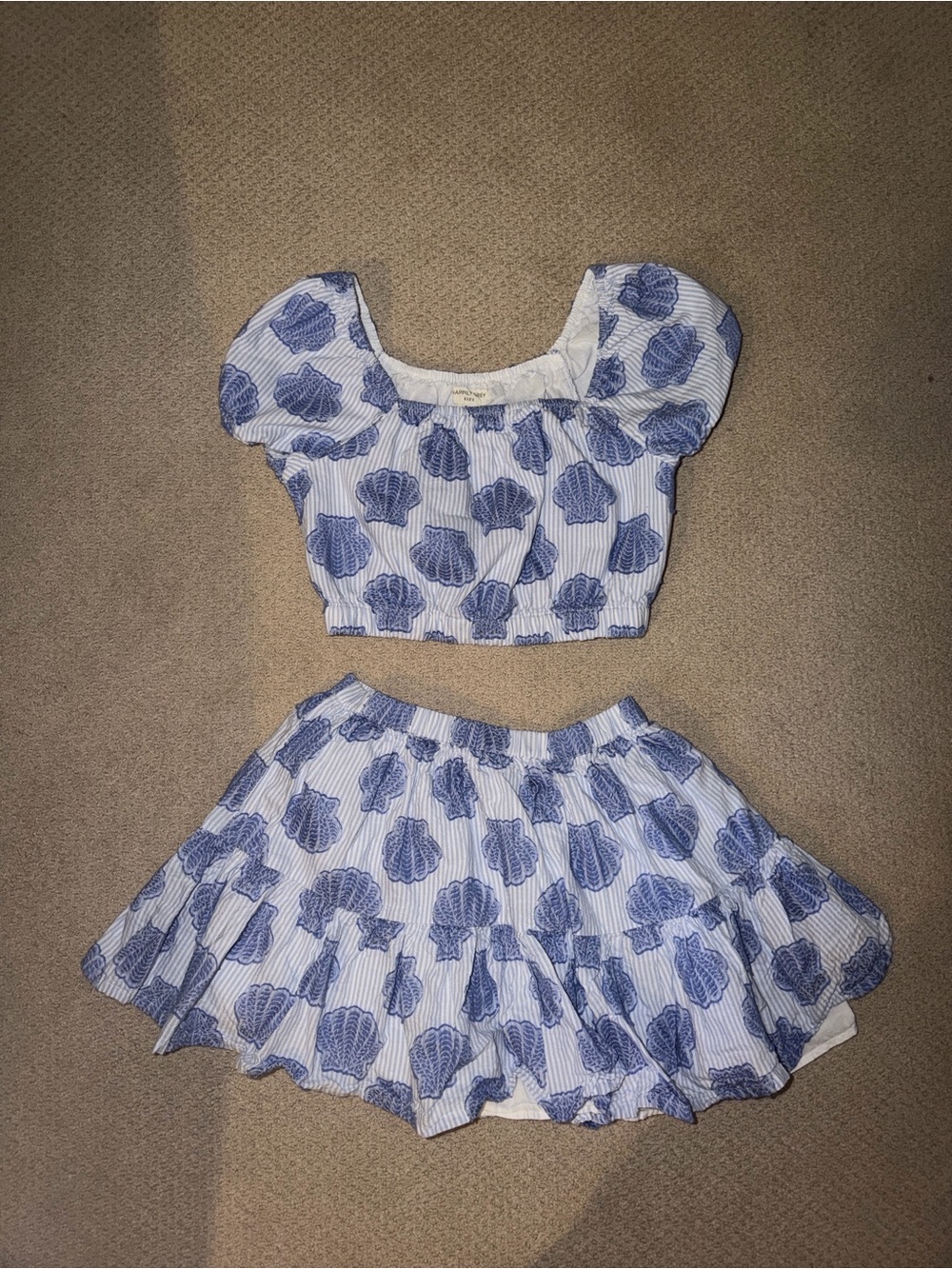 Blue Shell-Print Crop Top & Twirl Skirt Set for Kids